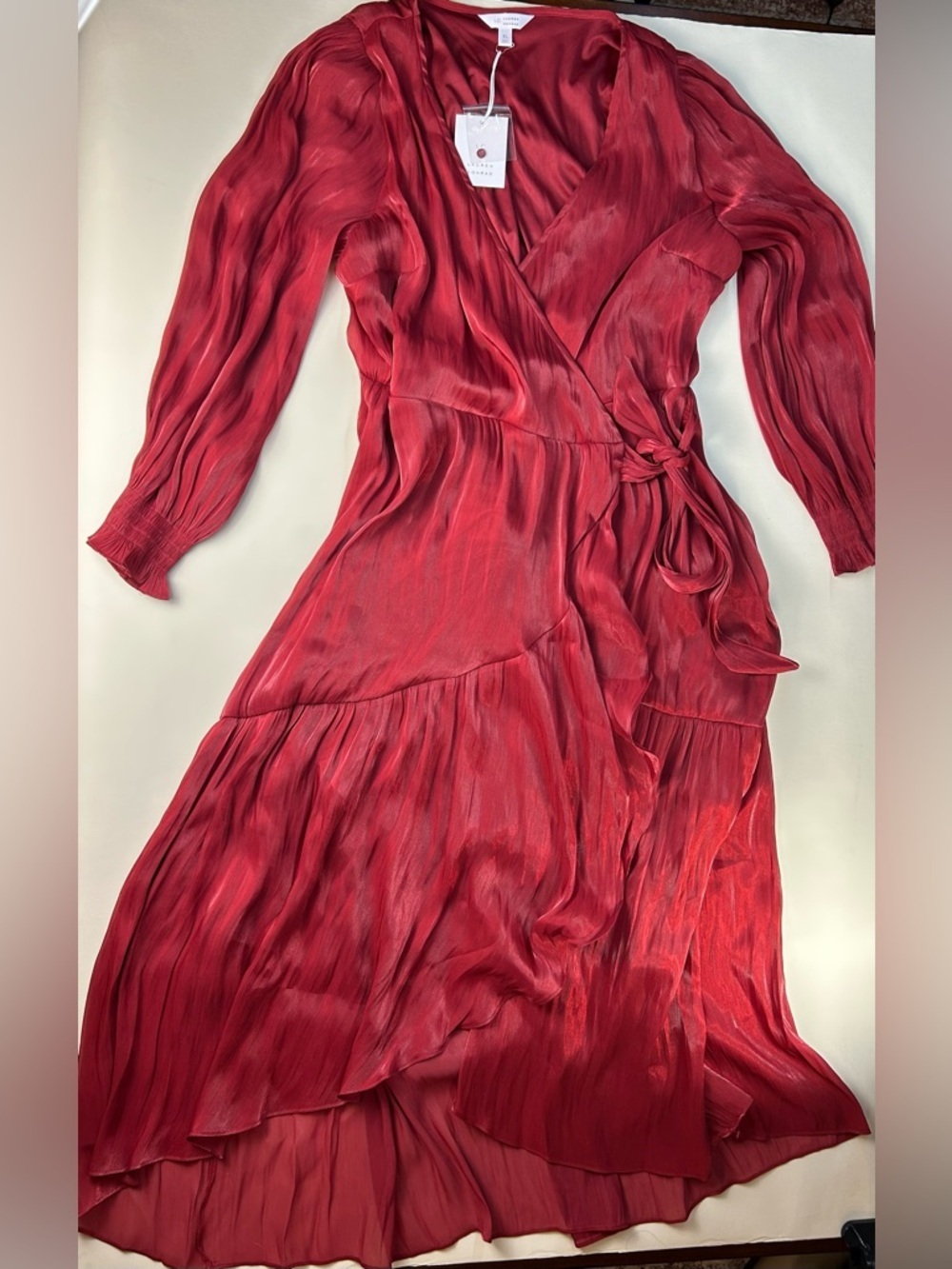 NEW LC Lauren Conrad Red Wrap Midi Dress with Self-Tie Waist SIZE XL - Picture 3 of 12